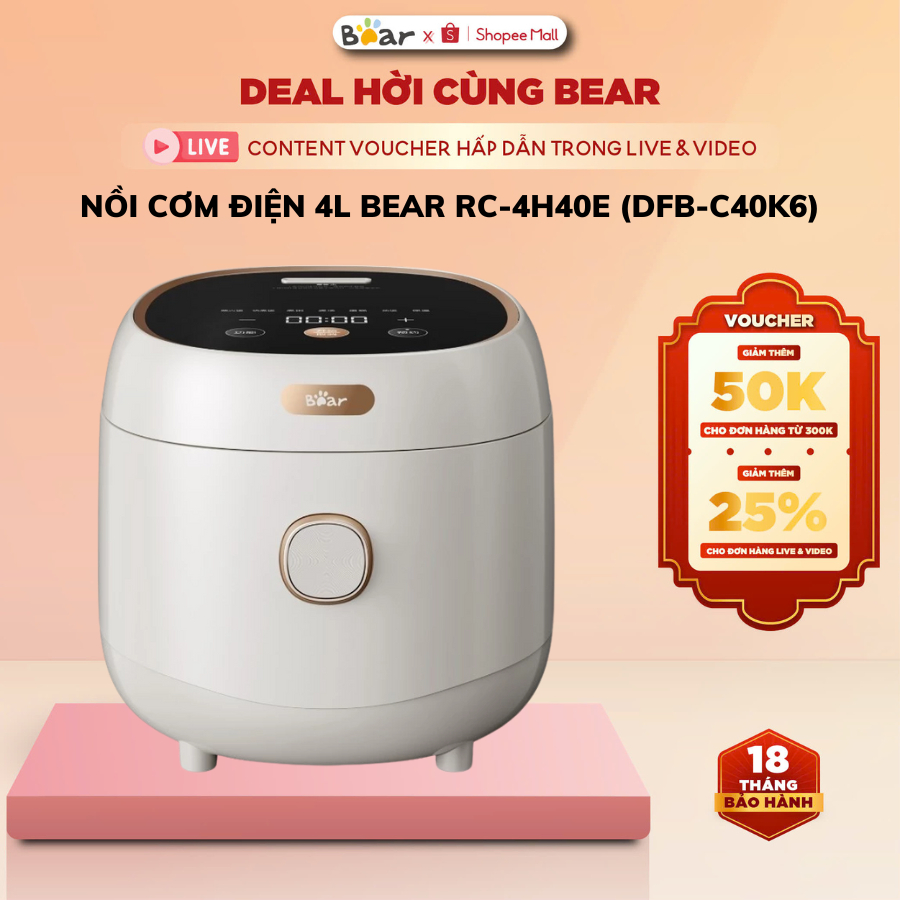 Nồi cơm điện đa năng 4L Bear RC-4H40E (DFB-C40K6), 800W,Có lồng hấp Chống dính, 6 chế độ,BH 18 Tháng
