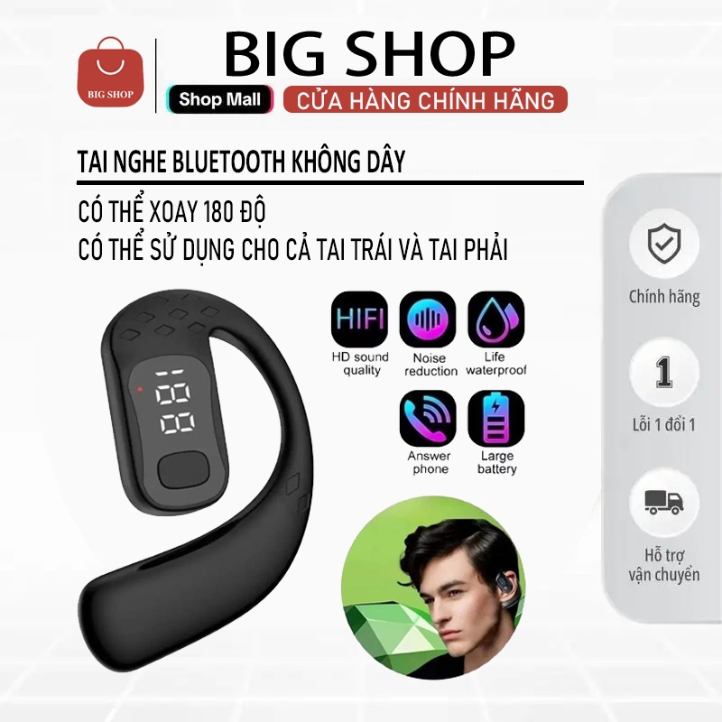 5.4 Tai nghe Bluetooth không dây, thiết kế hai tai, hiển thị phần trăm pin, âm trầm vòm cho các hoạt động thể thao ngoài