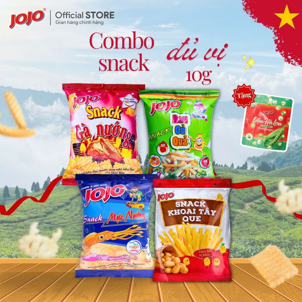 [Tặng đậu 30G] Thùng 50 Gói Snack Đủ Vị JOJO 10G - Snack Tá Lả, Snack Gà Nướng, Snack Khoai Tây Que,
