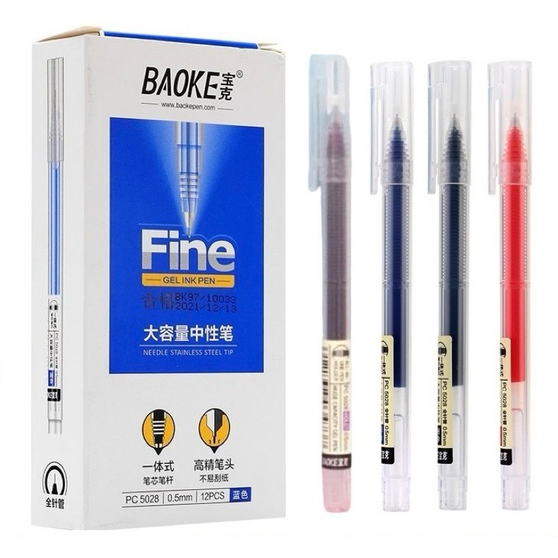 Hộp 12 cây bút mực gel nhanh khô Baoke PC 5028 ngòi kim 0.5mm
