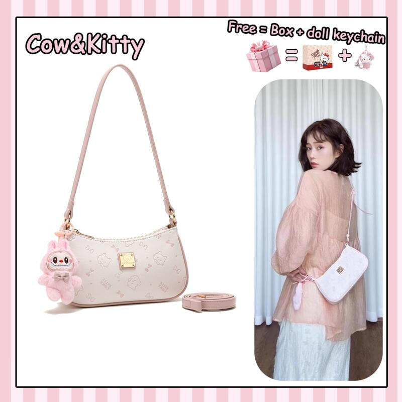 Cow&Kitty Túi đeo chéo, kẹp nách họa tiết mèo kitty hồng siêu xinh xắn dễ thương chất da mềm dày dặn