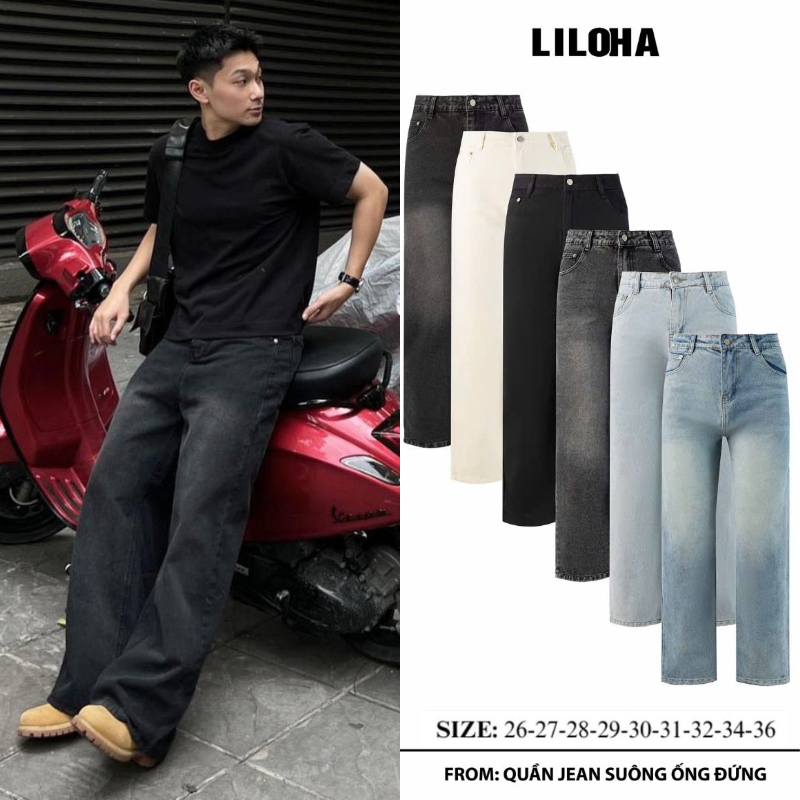 (LILOHA) Quần Jean Dài Nam Ống Suông Rộng Màu Đen Wash Chất Bò Dày Dặn Có Túi Phong Cách Retro