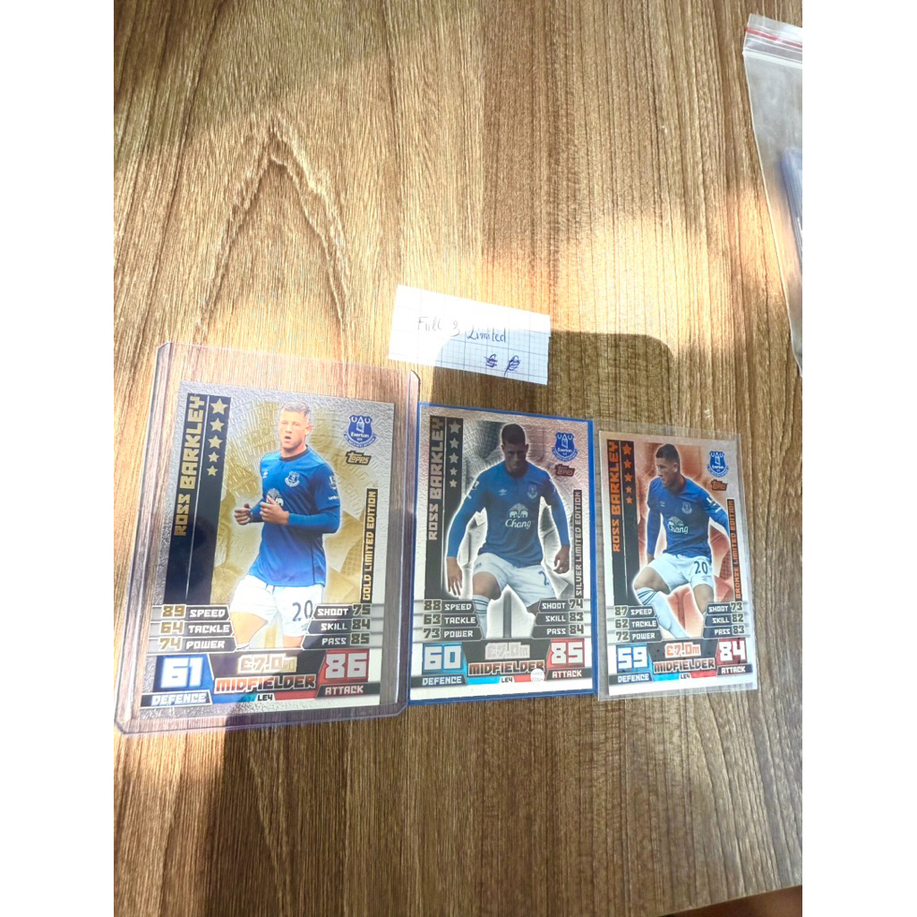 Bộ 3 Thẻ Cầu Thủ Bóng Đá Ross Barkley Everton Vàng Bạc Đồng Match Attax Ross Barkley Limited Everton