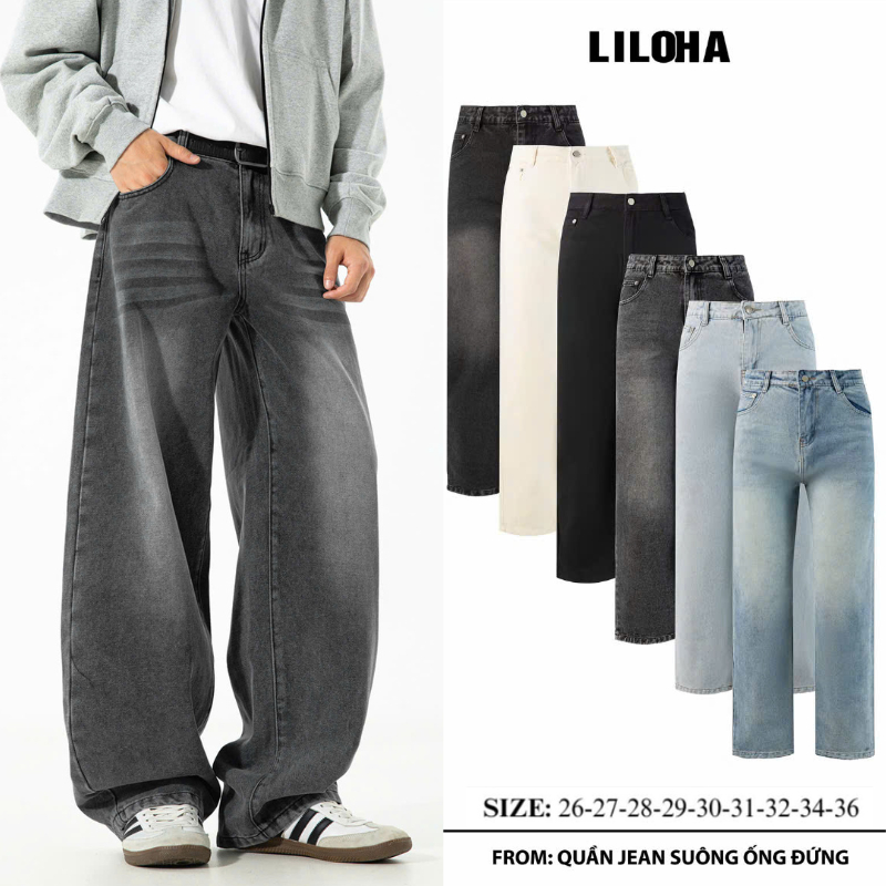 (LILOHA) Quần Jean Suông Xám Khói Form Đứng Retro Unisex Denim Dày Tôn Dáng Hottrend 2025