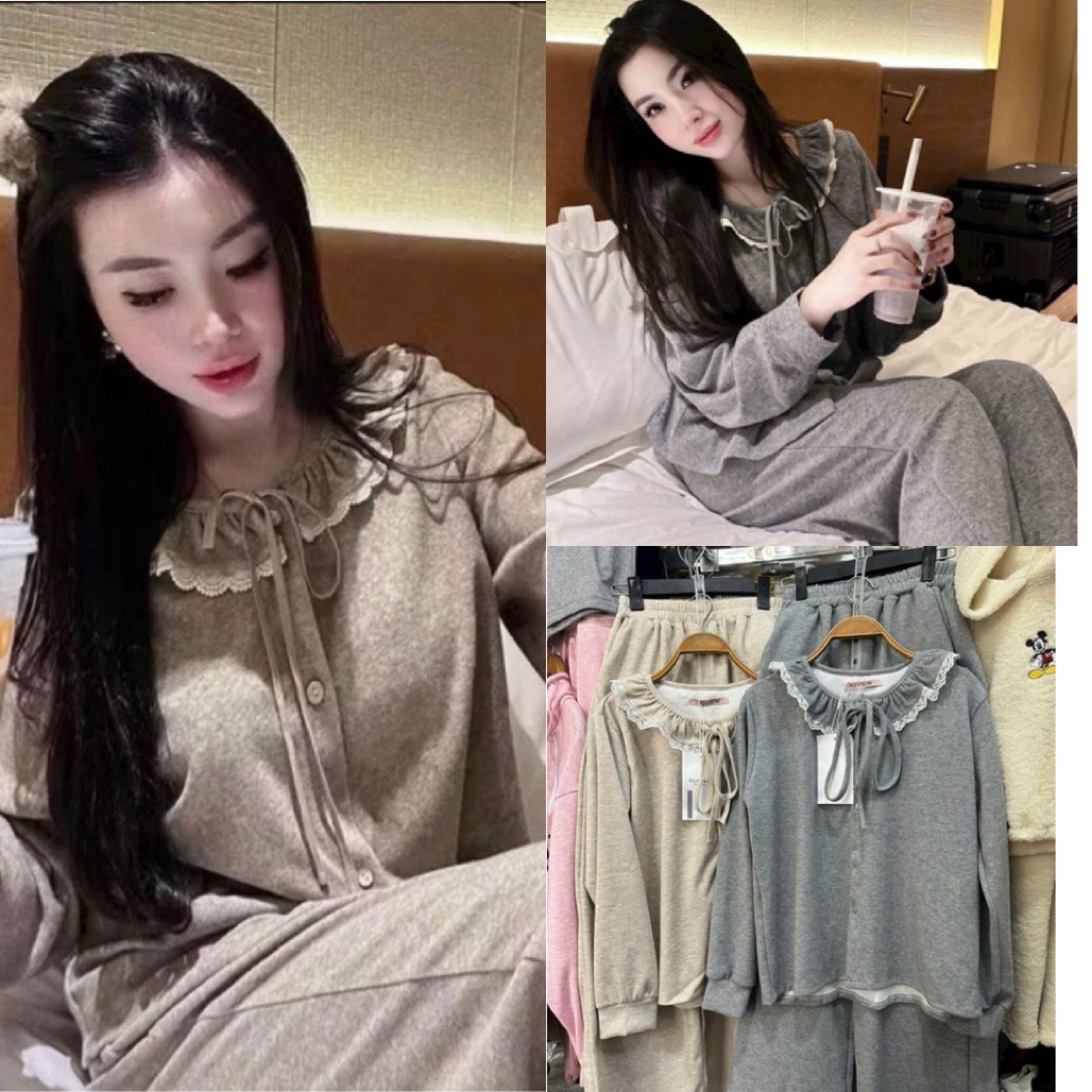 Set Bộ Nữ, Set Bộ Tăm Lông Thỏ Cổ Tròn Phối Bèo Ren H160 Hot Hit