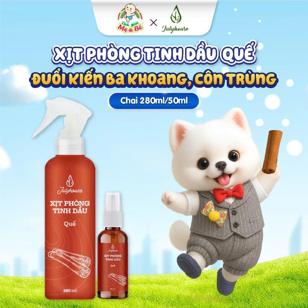 Xịt phòng tinh dầu quế Julyhouse đuổi muỗi, côn trùng - an toàn cho Bé (Chai 50ml/280ml)