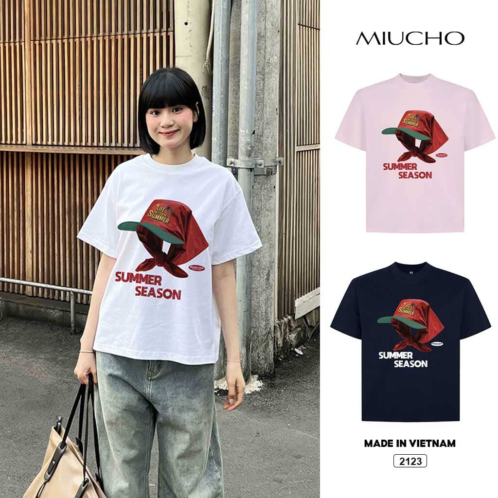 Áo thun boxy summer season 2123 Miucho cổ tròn 2c thoáng mát đứng form in mix
