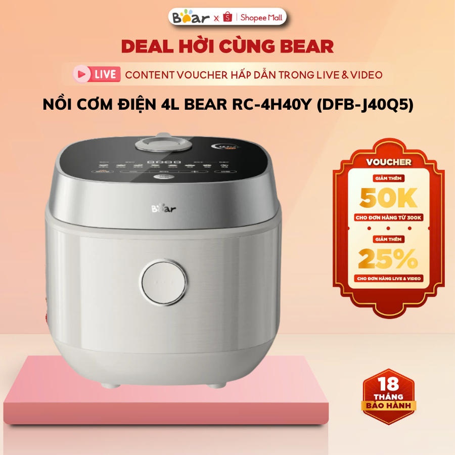 Nồi cơm điện 4L đa năng Bear RC-4H40Y (DFB-J40Q5), 800W, 8 Chế độ nấu, Cho 2-4 người ăn, BH 18 tháng