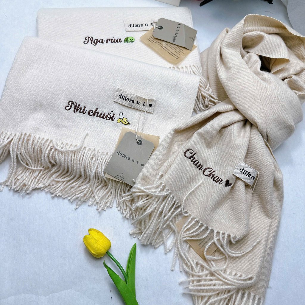 Khăn len choàng cổ nam nữ thêu tên theo yêu cầu, khăn len dạ lông cừu cao cấp Cashmere
