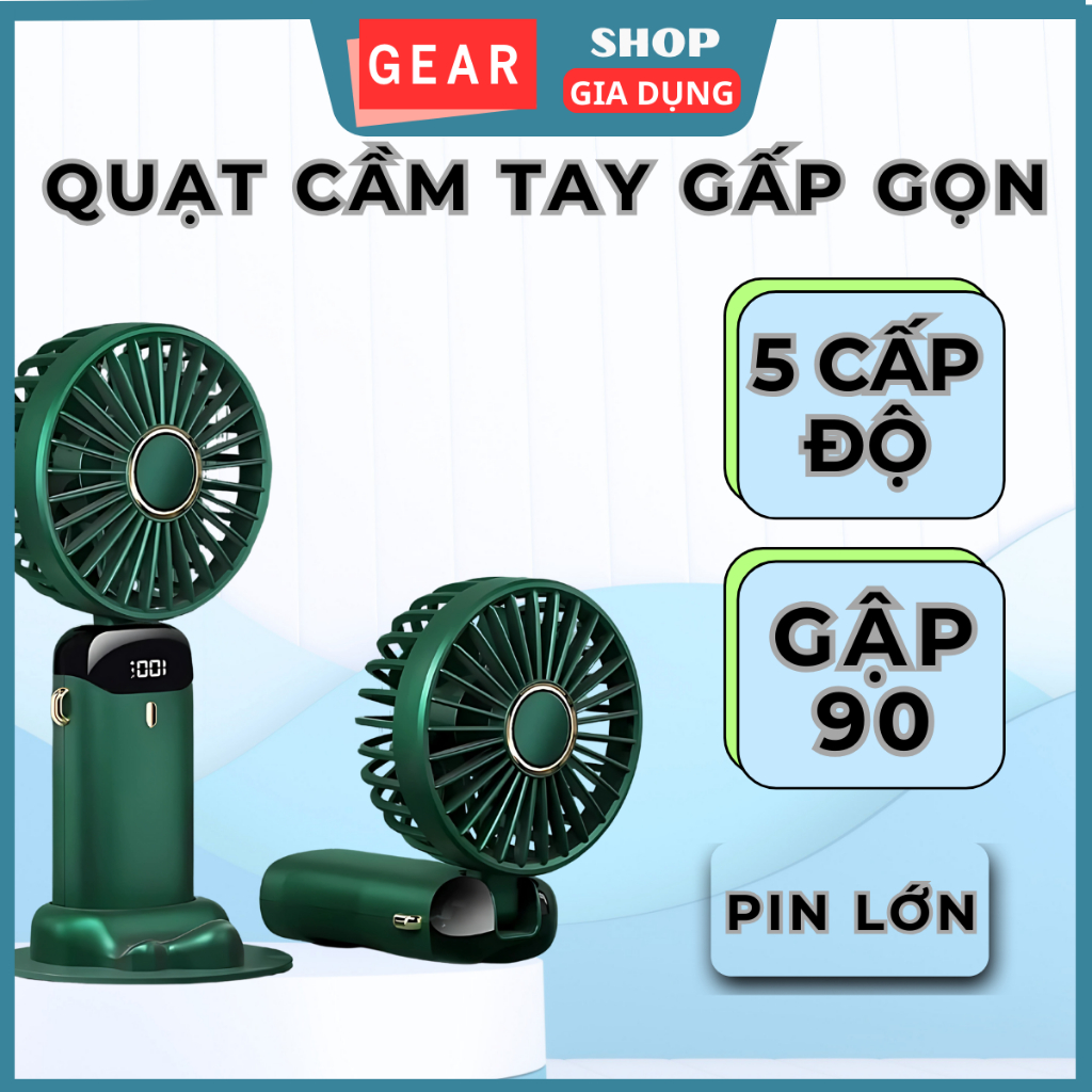 Quạt cầm tay tích điện dung lượng pin khủng 5000 mAh GEARSHOP quạt mini 5 tốc độ gió linh hoạt