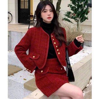  Set đồ dạ tweed nữ công sở sang chảnh tiểu thư áo khoác dáng ngắn cổ tròn dài tay cúc mạ vàng phối chân váy dáng A ngắn 