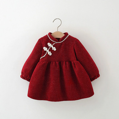 VÁY THU ĐÔNG NHUNG TĂM ĐỎ ĐÍNH HẠT TIỂU THƯ CHO BÉ GÁI 1-5 TUỔI MINTSCLOSET - GV0384