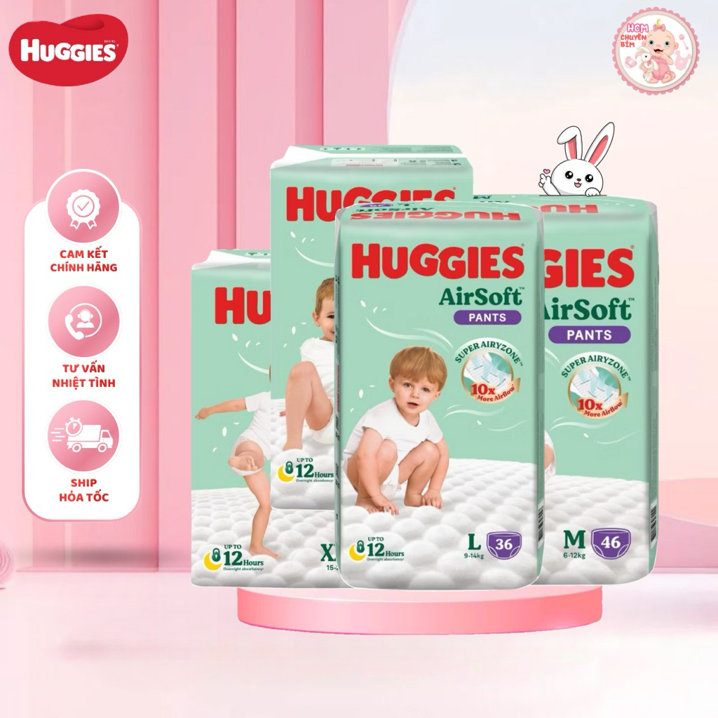 Tã Quần Huggies AirSoft Size M46/L36/XL30/XXL24 – Siêu Thoáng Khí, Thấm Hút Tốt, Mềm Mại, An Toàn Ch