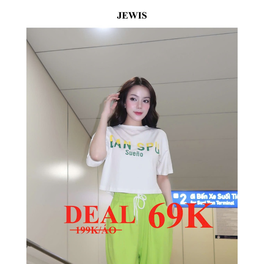 Áo Crop-Top Jewis Cộc Tay Cotton Trắng In Chữ Cá Tính - J493