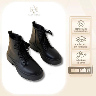 Giày bốt nữ HAANSHOES cổ cao đế 4cm da mềm kiểu dáng bốt chiến binh buộc dây có khóa kéo bên sườn