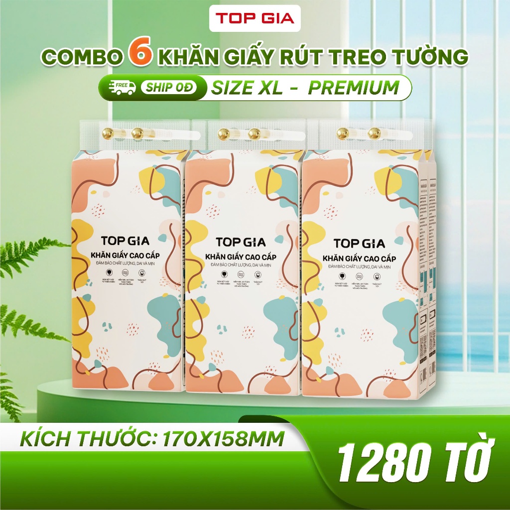 Khăn giấy rút Top Gia Thùng 6 bịch treo tường đa sắc 1280 tờ, dập vân 4D, siêu dai và mềm mịn
