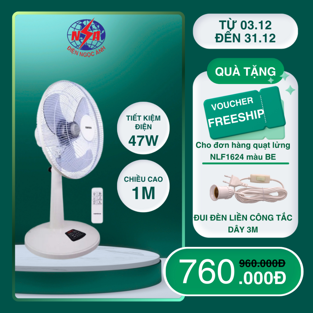 Quạt lửng remote Nanoco NLF1624RC - 3 cánh Xanh/Beige, có remote