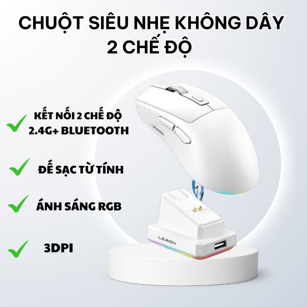 Chuột không dây - Chuột Bluetooth Leaven X3 Chip PRO Có Dock Sạc- LED Rgb-1600 DPI Siêu nhẹ-BH12T. .
