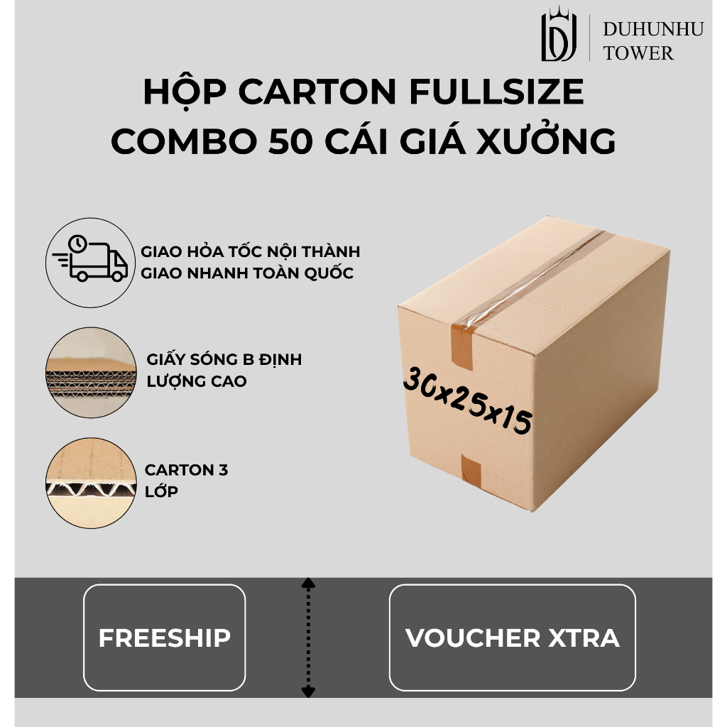 Combo 50 thùng carton 30x25x15 cao cấp giá xưởng, thùng carton ship cod giá rẻ