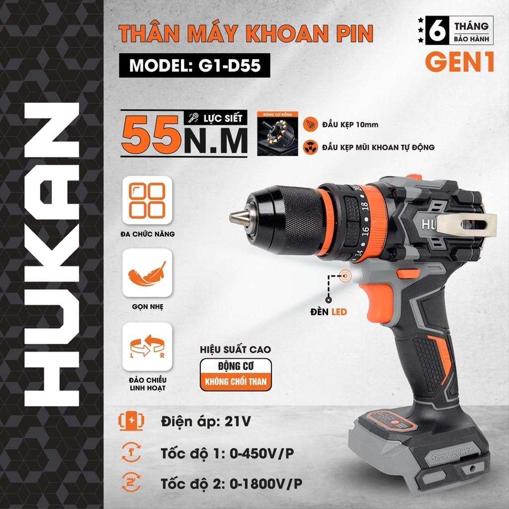 HUKAN CHÍNH HÃNG : Thân Khoan Hukan G1-D55 , Chân Phổ Thông .