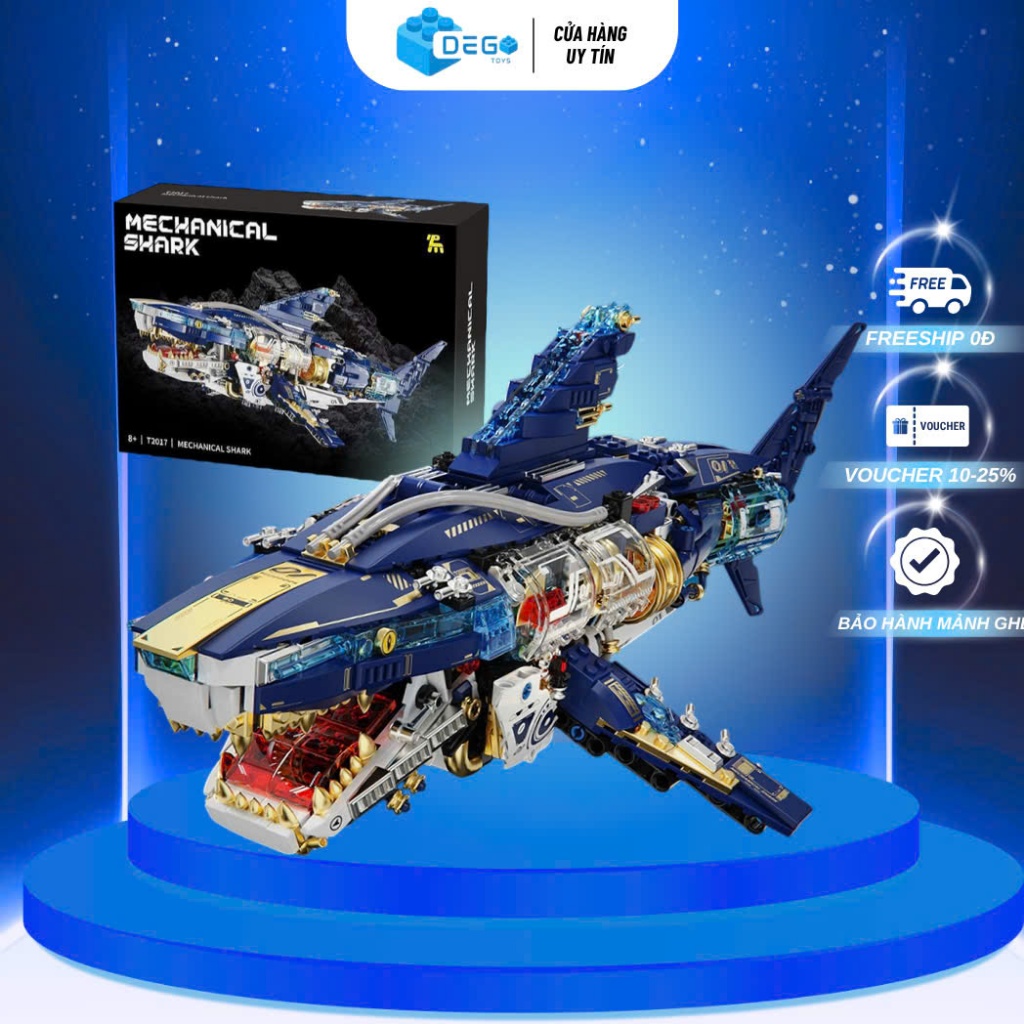 [ CÓ ĐÈN ] Mô hình lắp ráp Cá mập Megalodon SKU T2017,  Đồ chơi lắp ráp trưng bày cá mập DEGO Toys