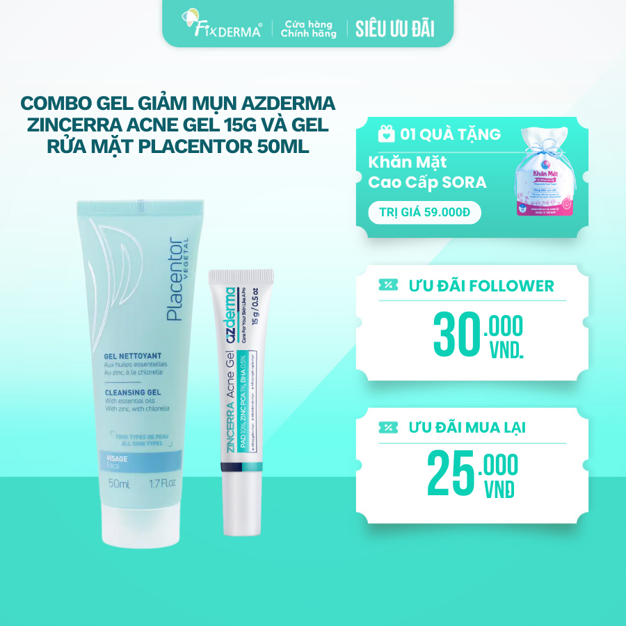 Combo hỗ trợ dưỡng ẩm, giảm mụn, làm sạch Azderma Zincerra Acne Gel 15g và Gel rửa mặt Placentor 50m
