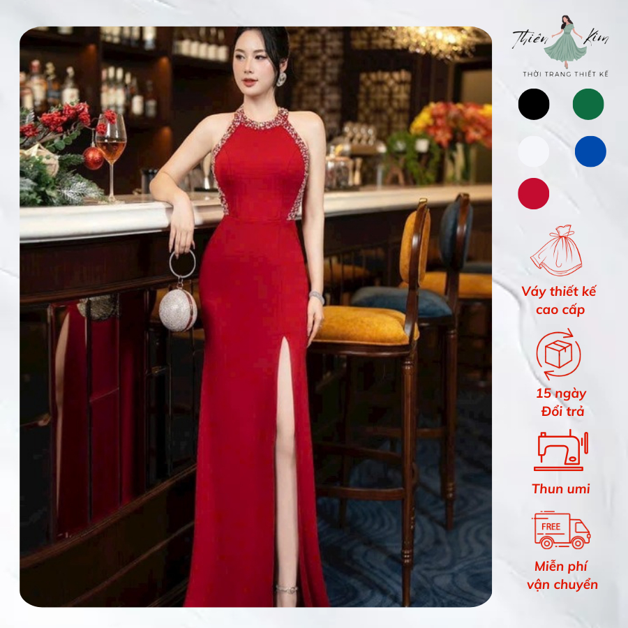Dạ Hội Yếm Đính Kết Sẻ Đùi, Váy Dạ Hội Trung Niên Quyến Rũ, Váy Dạ Tiệc Bigsize Mã Dạ Hội M30