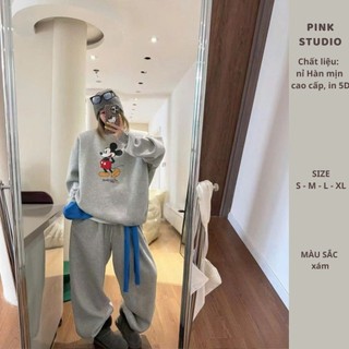 PINK STUDIO (HÀNG MỚI VỀ) SET BỘ NỈ CỔ TRÒN  IN HÌNH MICKEY 5D PHỐI QUẦN SUÔNG