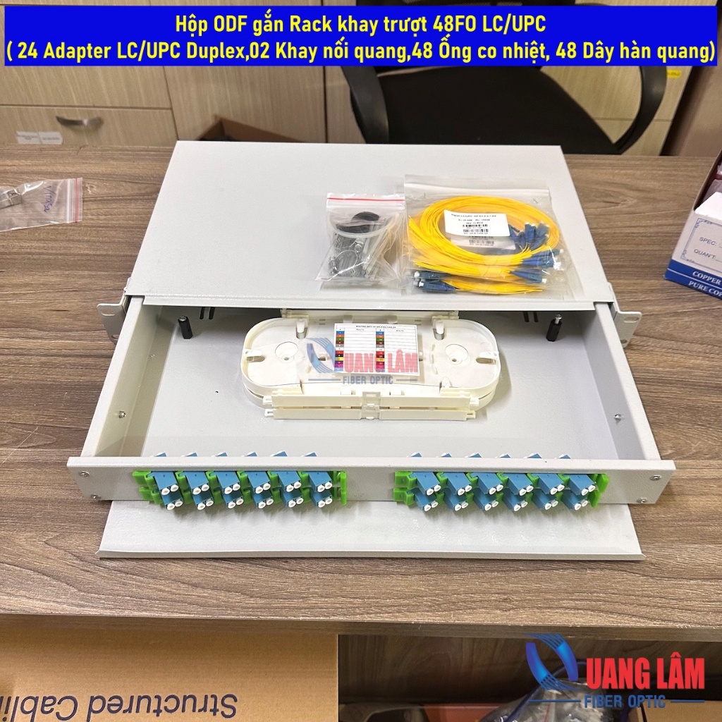 Hộp ODF gắn Rack khay trượt 48FO LC/UPC ( 24 Adapter LC/UPC Duplex,02 Khay nối quang,48 Ống co nhiệt