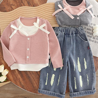 Set Thu Đông Áo Giả Cardigan Đính Nơ Quần Jean Cho Bé Gái 1-5 Tuổi MINTSCLOSET Quảng Châu - GA2490