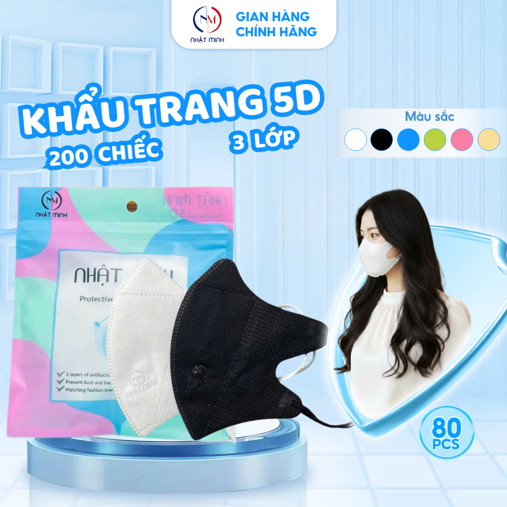 [Combo 200 Chiếc] Khẩu Trang 5D Nhật Minh 3 Lớp Chất Liệu Vải Không Dệt, An Toàn Cho Sức Khỏe