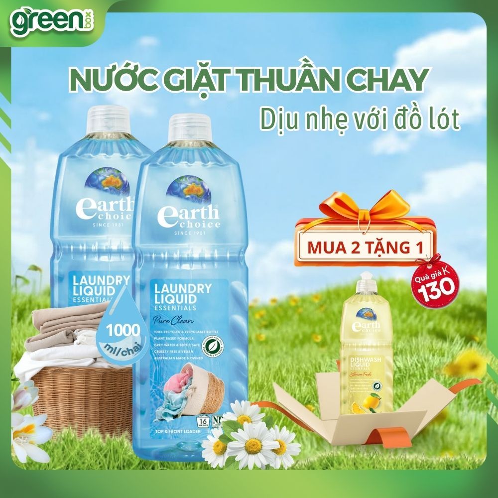 Nước giặt thuần chay Earth Choice dịu nhẹ giặt đồ lót làm sạch vết bẩn giữ bền dáng quần áo, chai 10