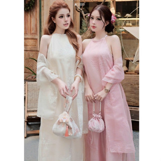  Set đồ nữ sang chảnh tiểu thư áo dài cách tân cổ yếm tròn voan thêu kèm khăn phối quần lụa dài thiết kế du xuân tết LEVA 