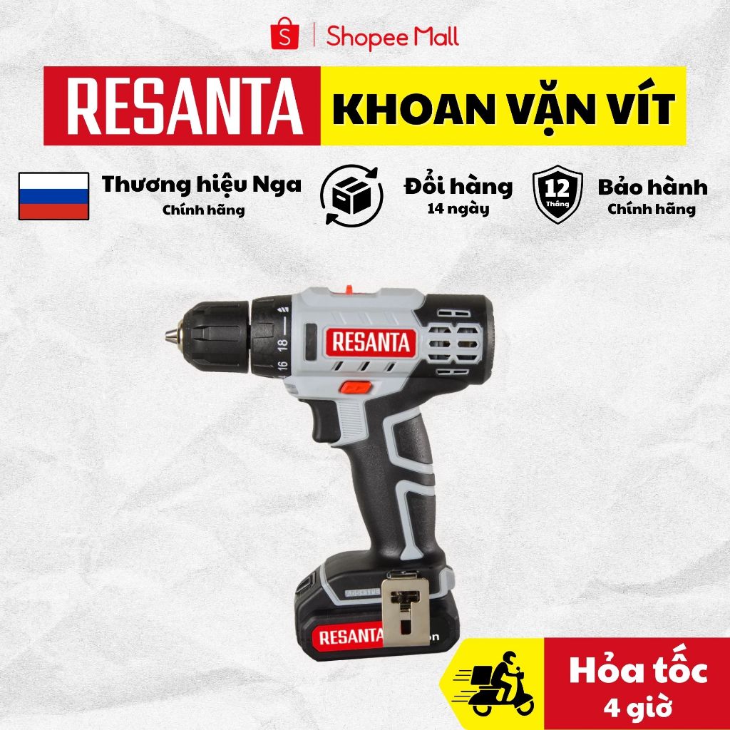 Máy Vặn Vít RESANTA 20V-75/14/16Nm | Pin 2Ah Khoan Gỗ 30mm Thép 12mm | BH 12TH