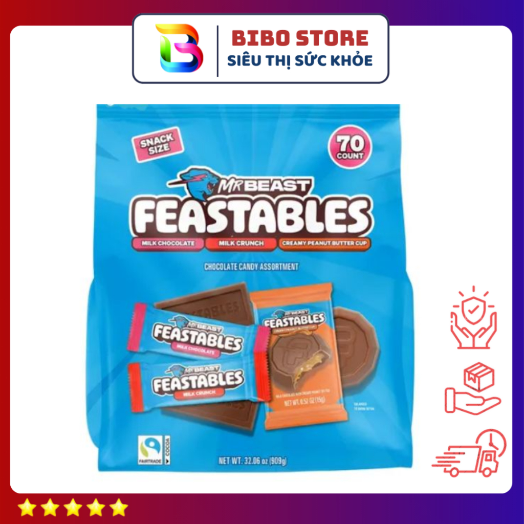 Socola Feastables MrBeast Mix 3Vị - Peanut Butter 2Cup - Milk Chocolate - Milk Crunch - Túi 70 Thanh