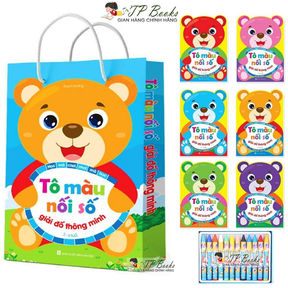 Sách - Combo Bộ 6 Cuốn Tô Màu Nối Số Song Ngữ Anh Việt - Giải Đố Thông Minh Cho Bé - Kèm Hôp Màu