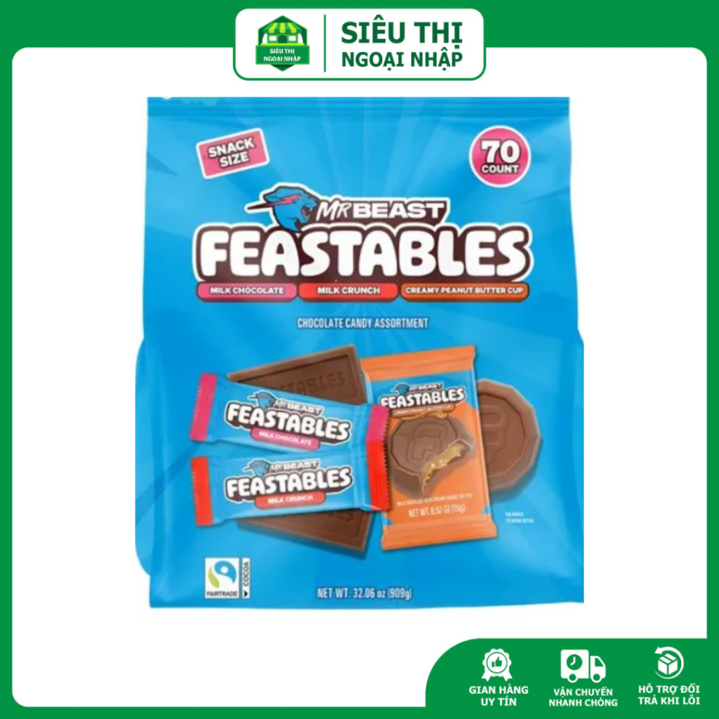 SOCOLA MỸ MR BEAST FEASTABLES CHOCOLATE CANDY ASSORTMENT SANCK SIZE TÚI 70 GÓI 909G