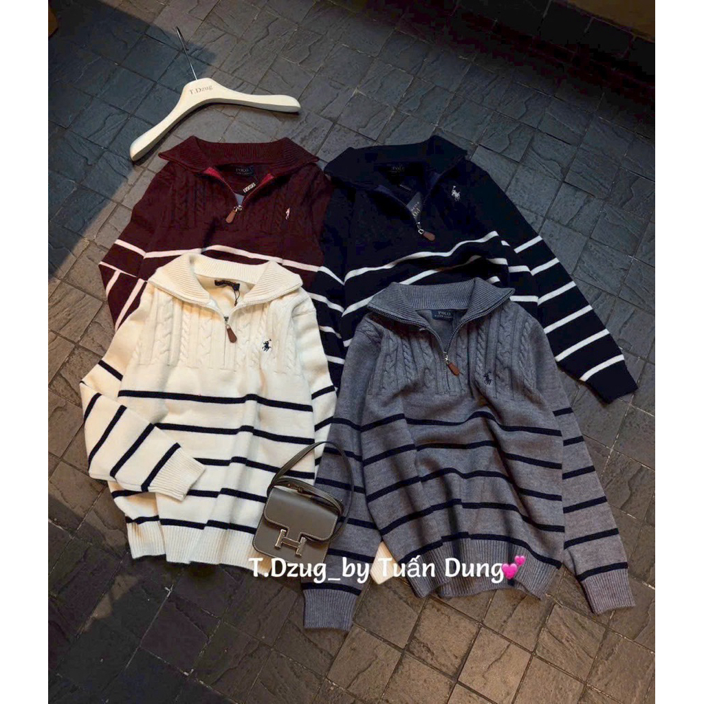 Áo polo ngựa kéo khóa họa tiết kẻ ngang hàng QC A061