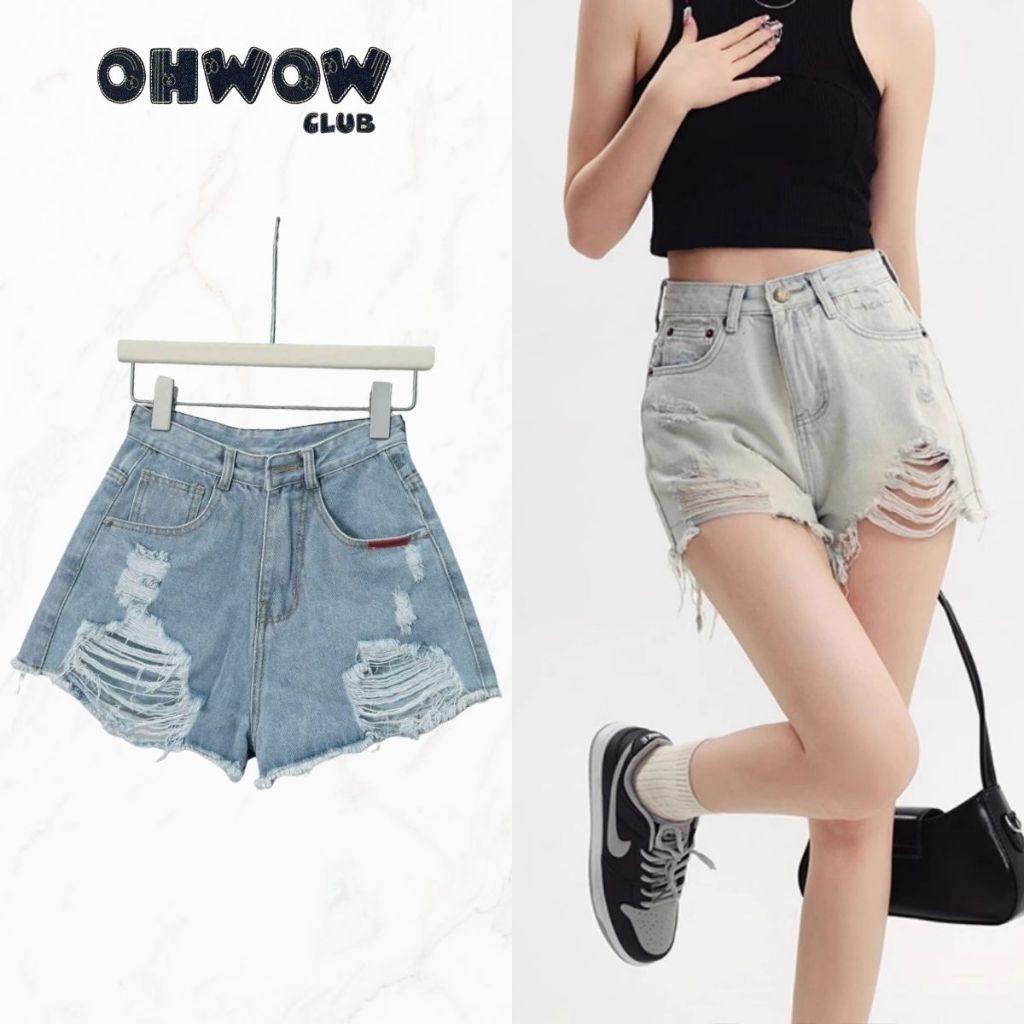 Quần short jean nữ wash rách 2 bên OHWOW, quần bò dáng ngắn phong cách bụi cá tính – OWC-Q-245