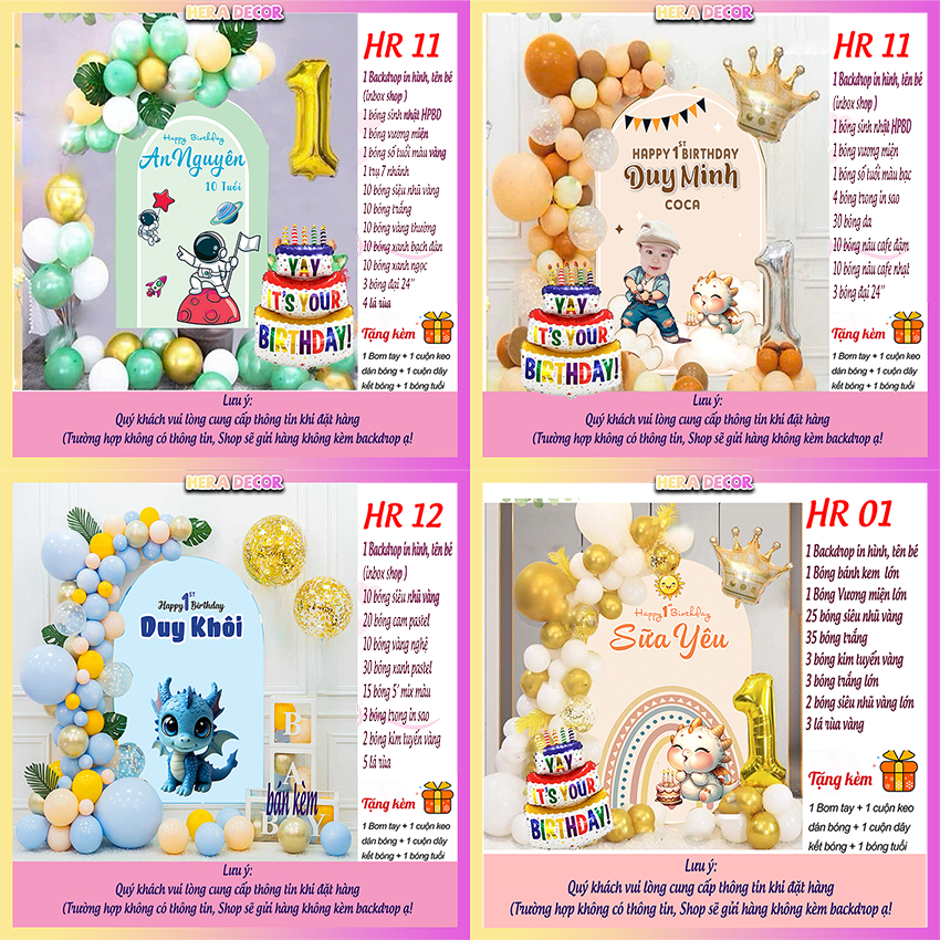 Set trang trí sinh nhật Bóng Bay 1m x 1,5m cho Bé Trai, Bé Gái với Phông In THEO YÊU CẦU