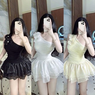  Đầm Chéo Vai Nhũ Hoa Vai Phối Tơ Oganza Siêu Hot 3Tone   