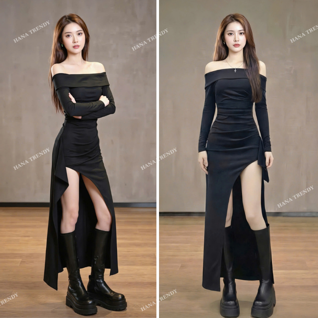 Đầm body maxi dáng dài trễ vai dài tay V197 thiết kế xẻ tà phối bèo xếp ly phần eo màu đen quyến rũ