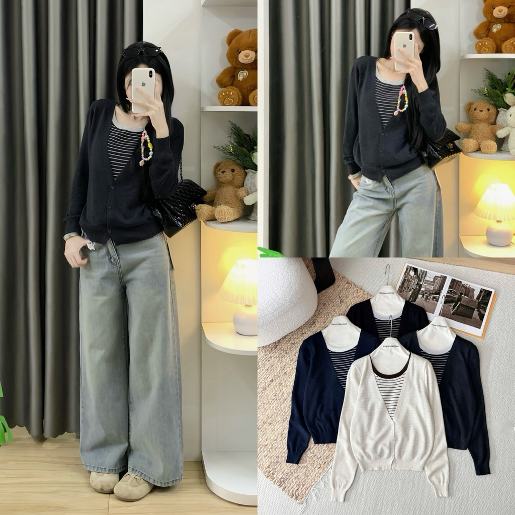 | Hta.boutique | Áo len cặp layer 2 lớp - Áo len 2 lớp layer bên trong kẻ ngang bên ngoài cadigan th