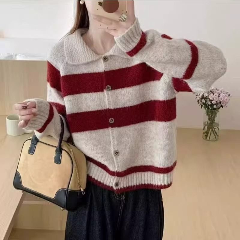 Áo khoác len cardigan nữ, áo len dệt kim kẻ sọc phối màu phong cách hàn quốc dáng rộng LM25 D-25