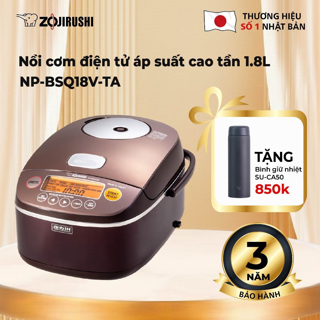 Nồi Cơm Điện Tử Áp Suất Cao Tần ZOJIRUSHI NP-BSQ18V-TA 1,8L- Dùng Điện 220V, Bảo Hành chính hãng