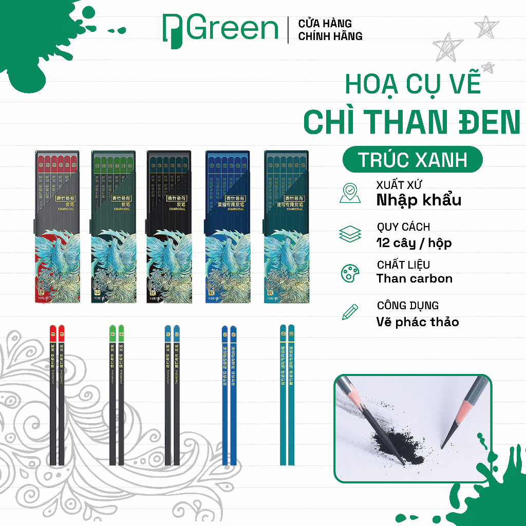 Chì Than Charcoal Chinjoo Bộ 12 Cây Vẽ Chân Dung Ký Họa Đen Đậm Tạo Khối Shading Mỹ Thuật | PGREEN