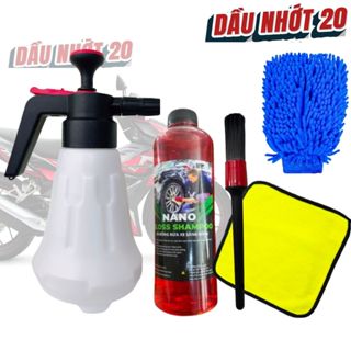 Combo Rửa Xe NANO DÂU 1L + Bình Xịt Bọt Tuyết Lớn 2L, tặng kèm 3 vòi xịt, Kèm Bộ Cọ Khăn Bao Tay Rửa Xe Tại Nhà