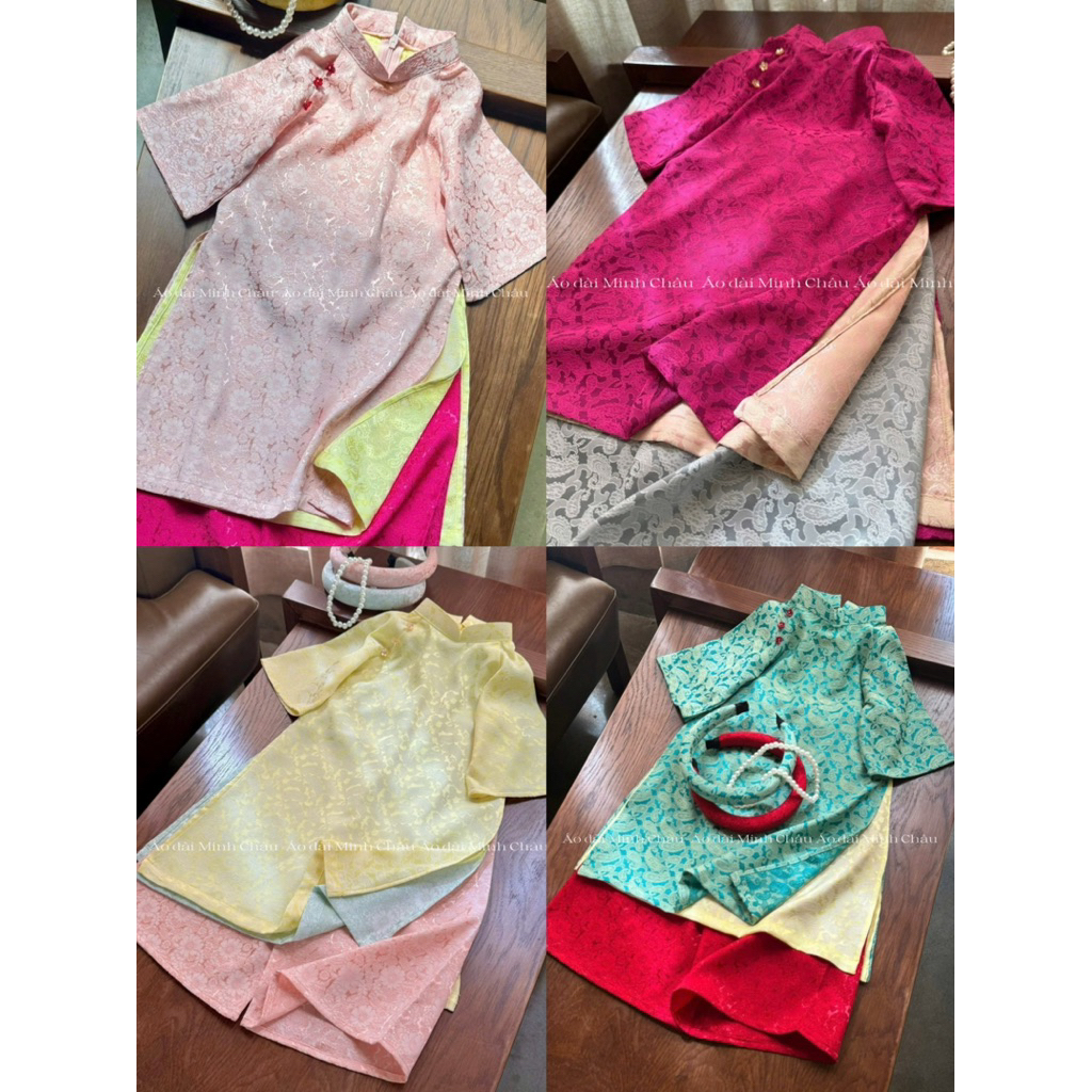 Áo Dài Minh Châu-(tặng kèm bờm) Áo dài bé gái lụa gấm 4 tà cao cấp