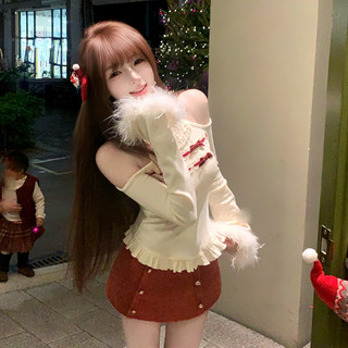  GDCARRY Set áo len trắng cổ yếm dài tay mix chân váy đỏ dáng ngắn ôm sát phong cách Giáng sinh 