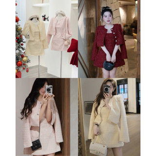    Chuẩn Loại 1   Set Dạ Tweed Đầm 2 Dây Bản To Dáng Xoè Mix Khoác Dáng Ngắn Tay Dài Bling Lấp Lánh 